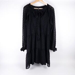 AQUA Mini Dress‎ Women Small Black Clip Dot Tiered Ruffle Tie Neck NWT